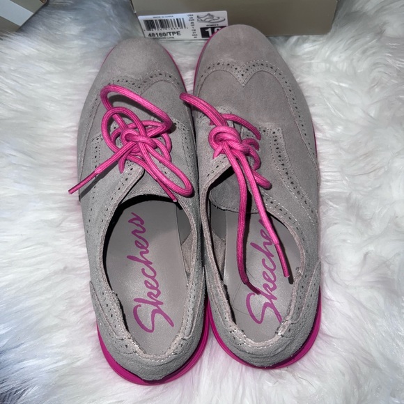 Skechers Women Groove Lite Taupe Pink Leather Suede Wing Tip Oxford Shoes Sz 10 - Picture 5 of 7